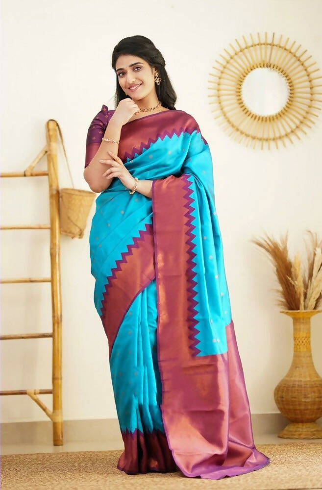 DEIANA'S Beautiful Designer Golden zari Soft Lichi Silk Saree - Firozi | Grocsy