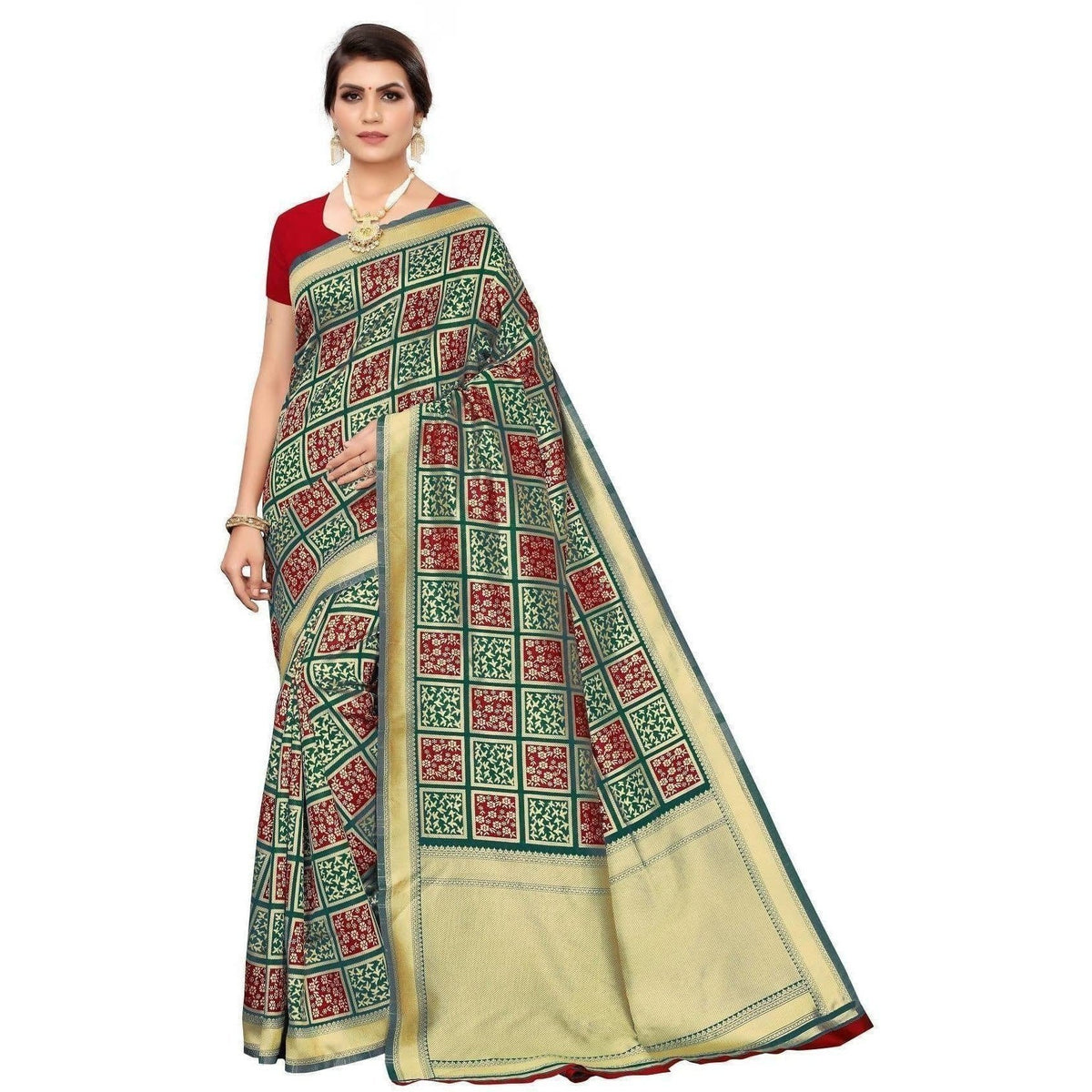 Vamika Banarasi Jaquard Rama Green Weaving Saree (Banarasi 23) | Grocsy