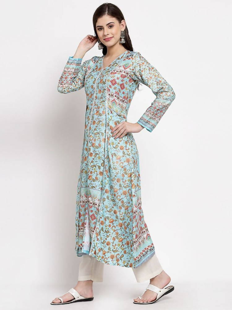 Myshka Women's Multi Cotton Printed Full Sleeve V Neck Casual Kurta | Grocsy