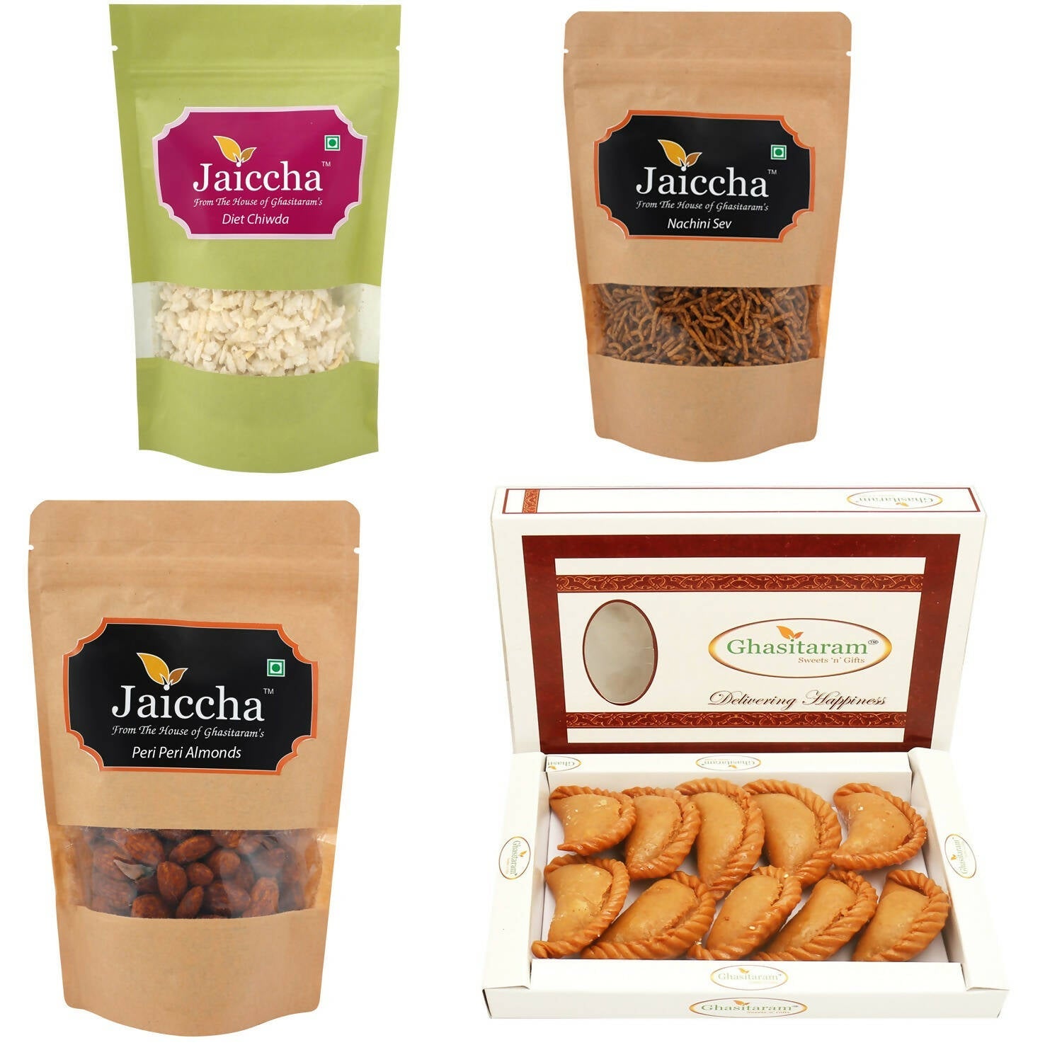 Ghasitaram Holi Sweets Hamper Best of 4- Sugarfree Gujiya, Chiwda, Flavoured Almonds, Nachini Sev Pouches | Grocsy