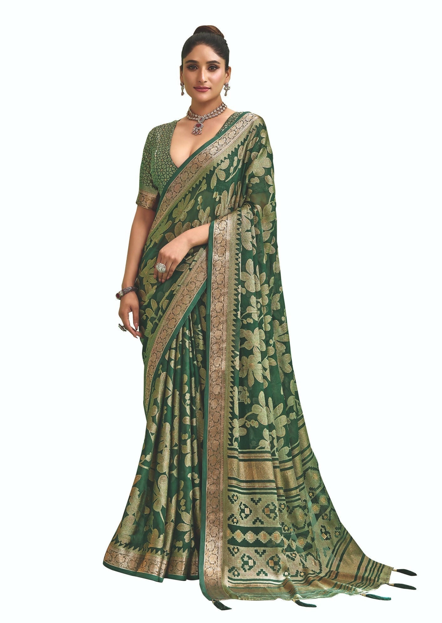 Joban Fashion Greendell Moss Brasso With Kasab Zari Border Saree & Tassels With Brasso Blouse | Grocsy