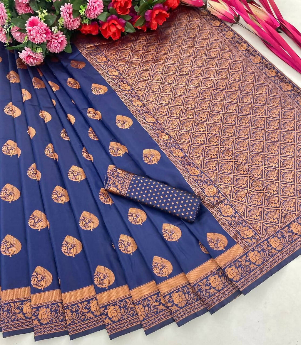 DEIANA'S Beautiful Designer Golden zari Soft Lichi Silk Saree - Blue | Grocsy