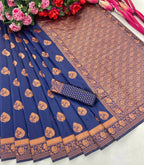 DEIANA'S Beautiful Designer Golden zari Soft Lichi Silk Saree - Blue | Grocsy