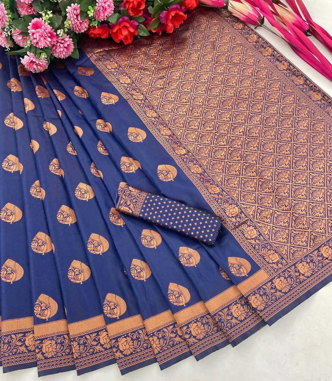 DEIANA'S Beautiful Designer Golden zari Soft Lichi Silk Saree - Blue | Grocsy