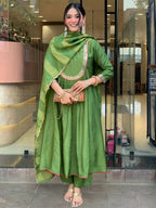 The52 Light Green Women's Gorgeous Embroidered Work Chanderi Fabric Flared Kurta Pant and Dupatta Set | Grocsy