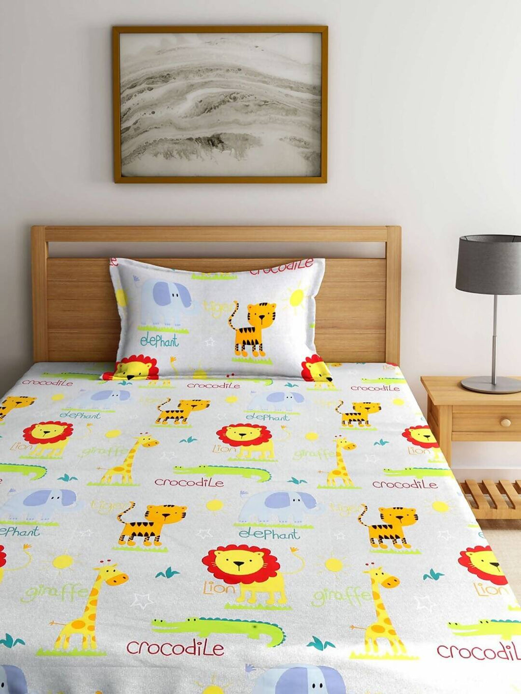 Home Sizzler White & Orange Cartoon Characters 210 TC Bedsheet with Pillow Covers | Grocsy