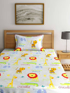 Home Sizzler White & Orange Cartoon Characters 210 TC Bedsheet with Pillow Covers | Grocsy
