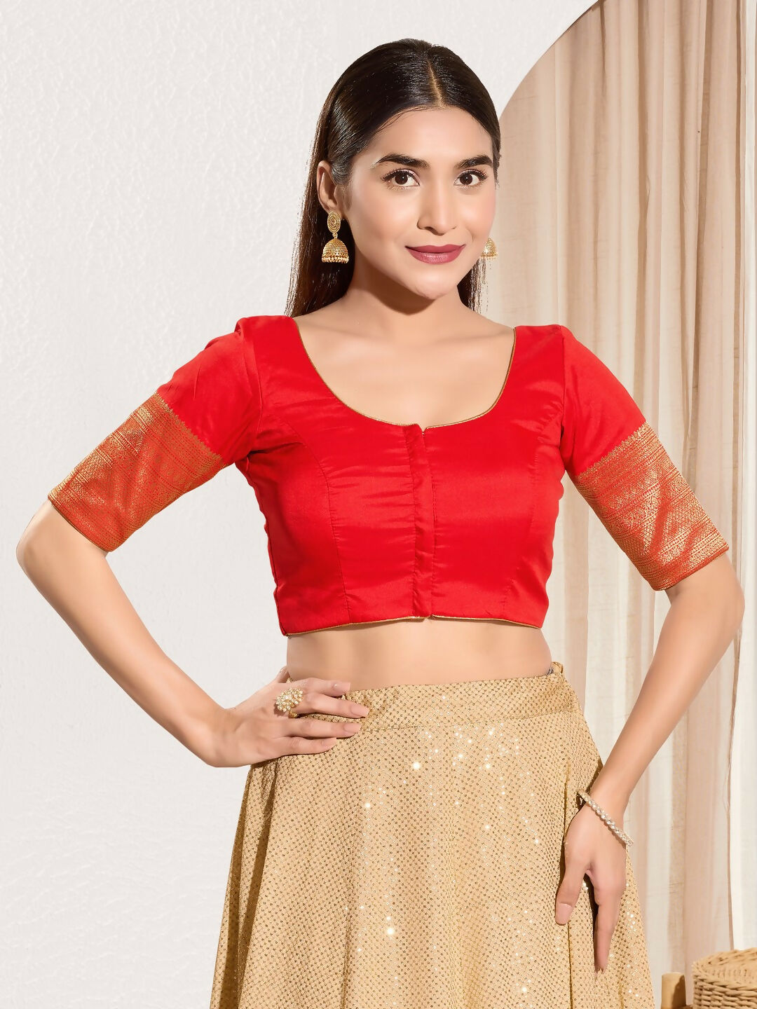 Joban Fashion Red Taffeta Silk Padded Blouse With Round Neck Elbow Sleeves | Grocsy