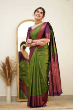 DEIANA'S Beautiful Designer Golden zari Soft Lichi Silk Saree - Mehndi | Grocsy