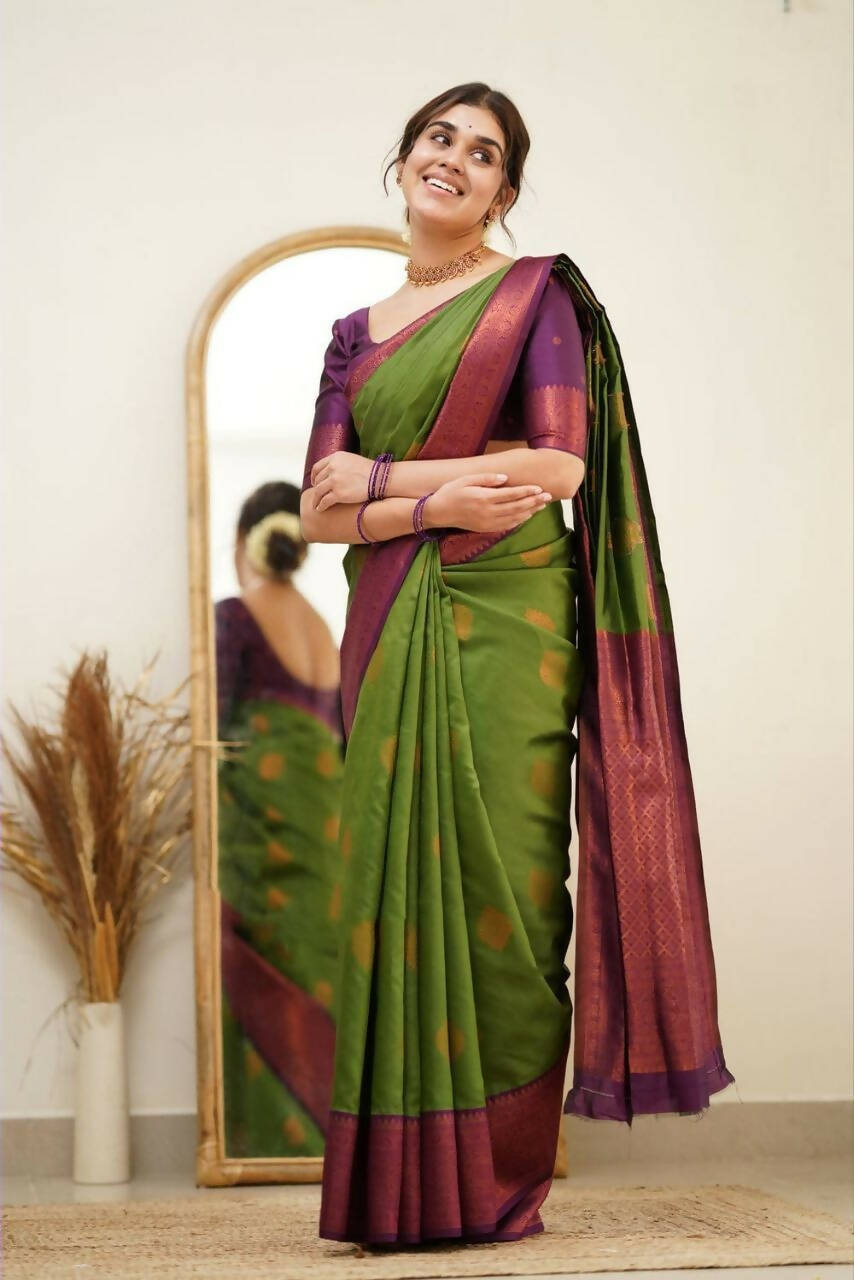 DEIANA'S Beautiful Designer Golden zari Soft Lichi Silk Saree - Mehndi | Grocsy