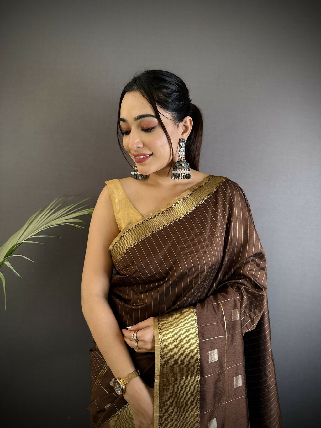 Joban Fashion Chocolate Brown Bhagalpuri Cotton Silk Stripes/Box Saree | Grocsy