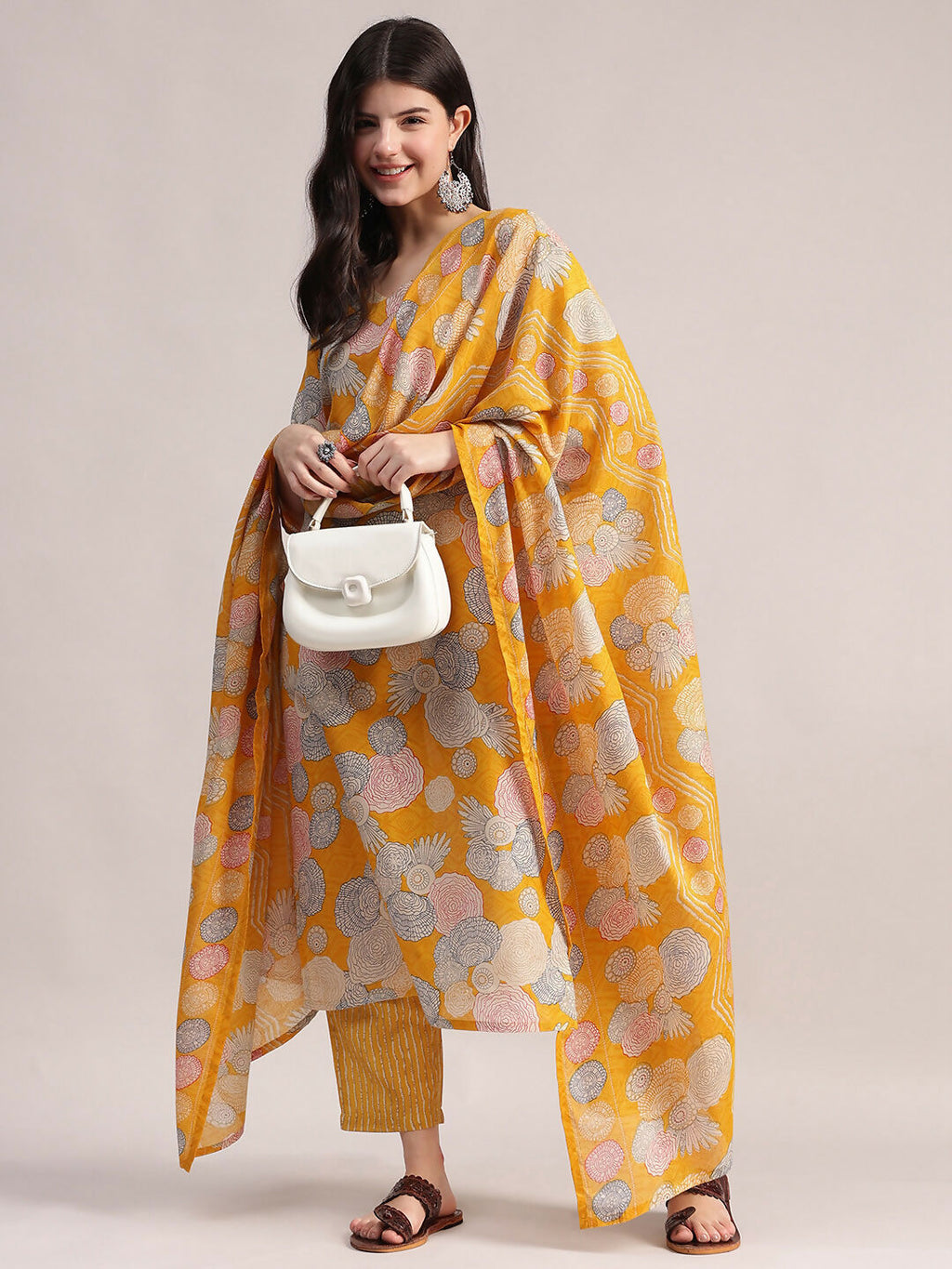 Aavyora Women Yellow Floral Printed Kurta with Striped Pants & Dupatta Set | Grocsy