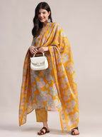 Aavyora Women Yellow Floral Printed Kurta with Striped Pants & Dupatta Set | Grocsy
