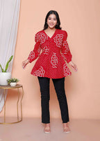 Miravan Womens Red Bandhani Printed Cotton Butterfly Design Top | Grocsy