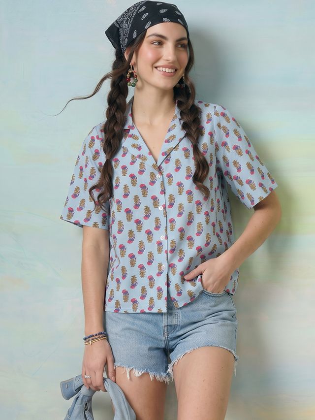 Janasya Powder Blue Shirt Cotton Top | Grocsy