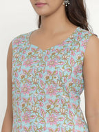 Miravan Women's Pure Cotton Floral Printed Sleeveless Straight Kurta | Grocsy