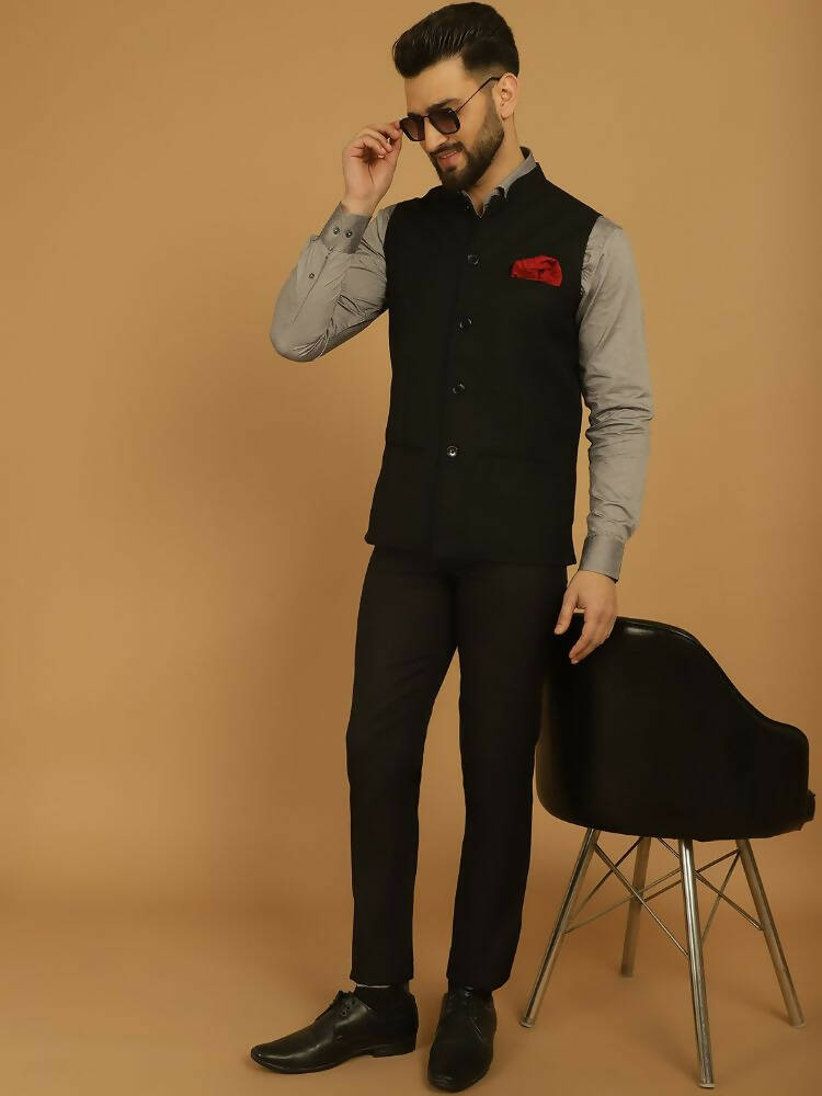 Even Apparels Nehru Jacket With Welt Pockets - Black | Grocsy