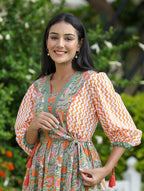 Kaajh Women's Orange Hand Block Printed Dress | Grocsy