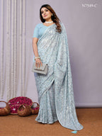 Sky Blue Pure Georgette Embroidered Saree With Stitched Blouse - Nimaya Kaksha | Grocsy