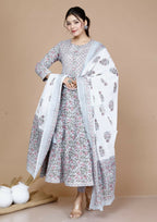 Miravan Women's Blue Printed With Gota Patti Work Anarkali Kurta With Dupatta | Grocsy