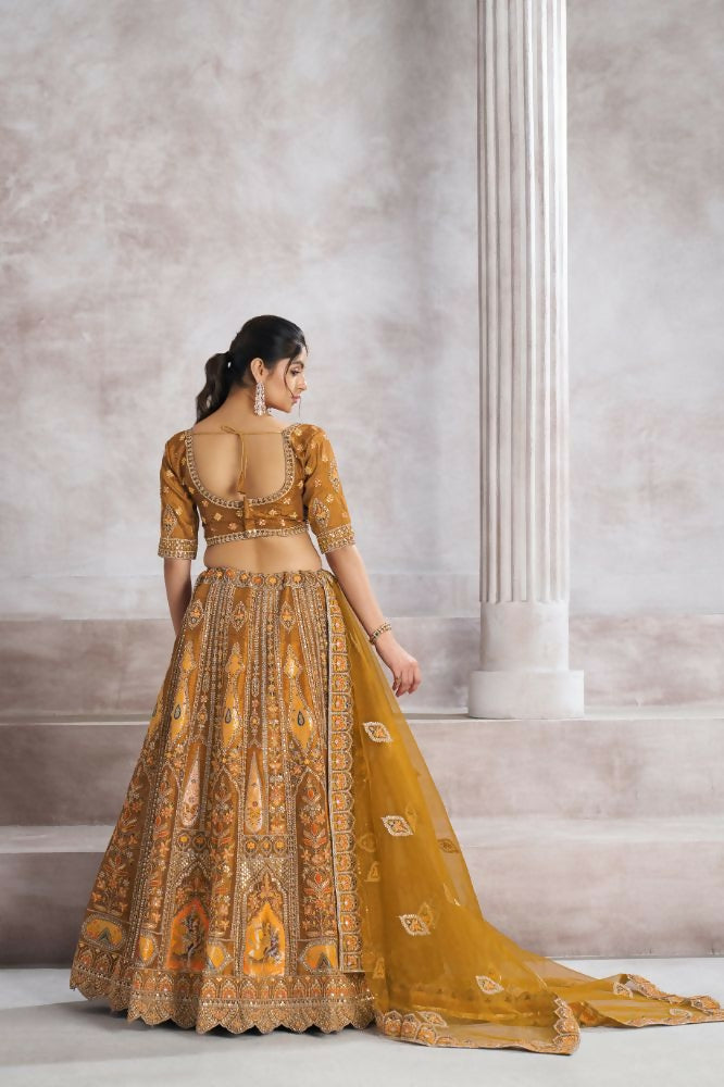Kesar Fab Dark-Mustard Banarasi Silk Hand_Woven Lehenga | Grocsy