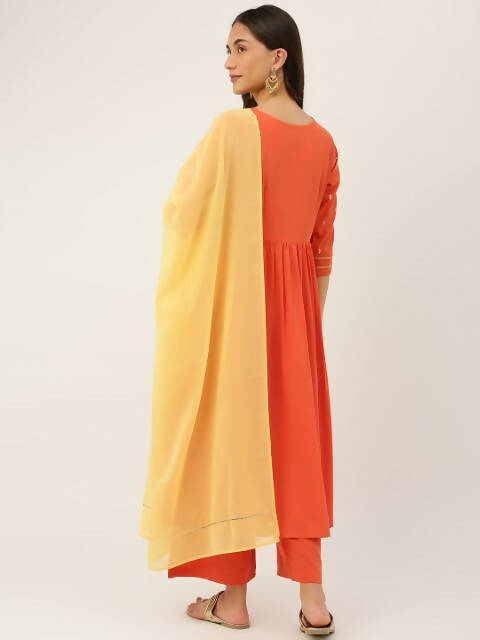 FIORRA Women's Orange Poly Crepe Flared Kurta With Dupatta | Grocsy