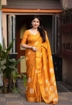 Mustard Cotton Crepe Batik Print Saree with Unstitched Blouse - Hiral Fashion | Grocsy