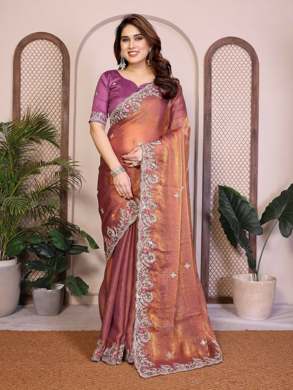 Teeya Creation New Womens Latest Party Wear Soft Chiffon Silk Saree-Peach | Grocsy