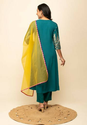 FIORRA Women's Teal Blue Crepe A-Line Kurta Pant with Dupatta | Grocsy