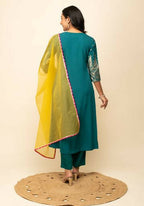 FIORRA Women's Teal Blue Crepe A-Line Kurta Pant with Dupatta | Grocsy