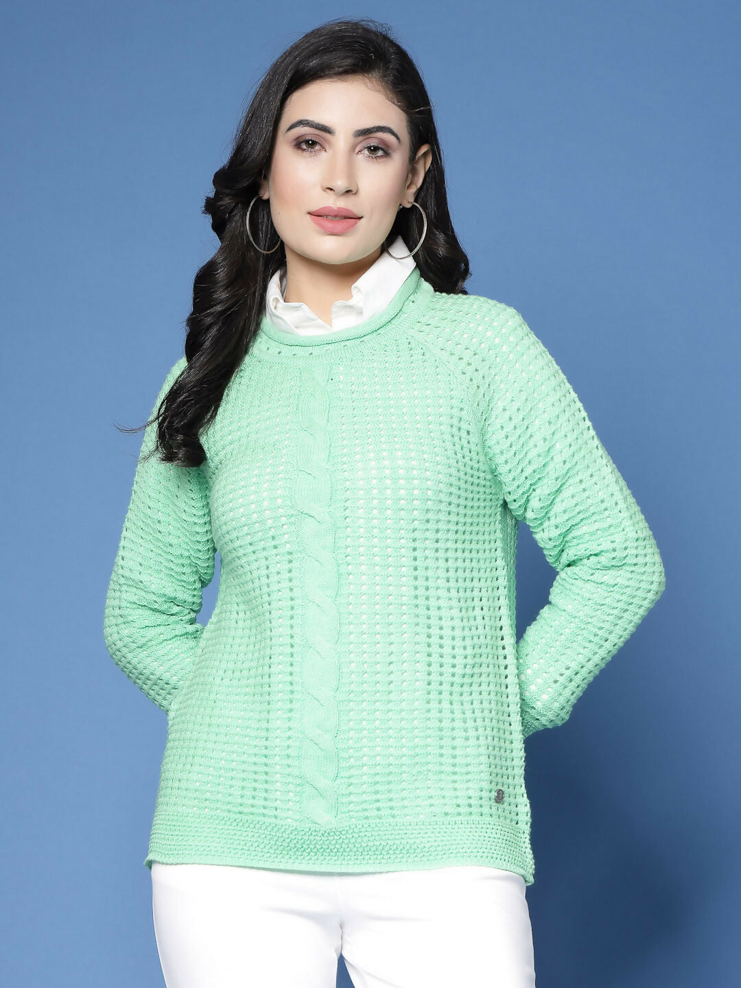 Women Green Acrylic Pointele Sweater - Wool Trees | Grocsy