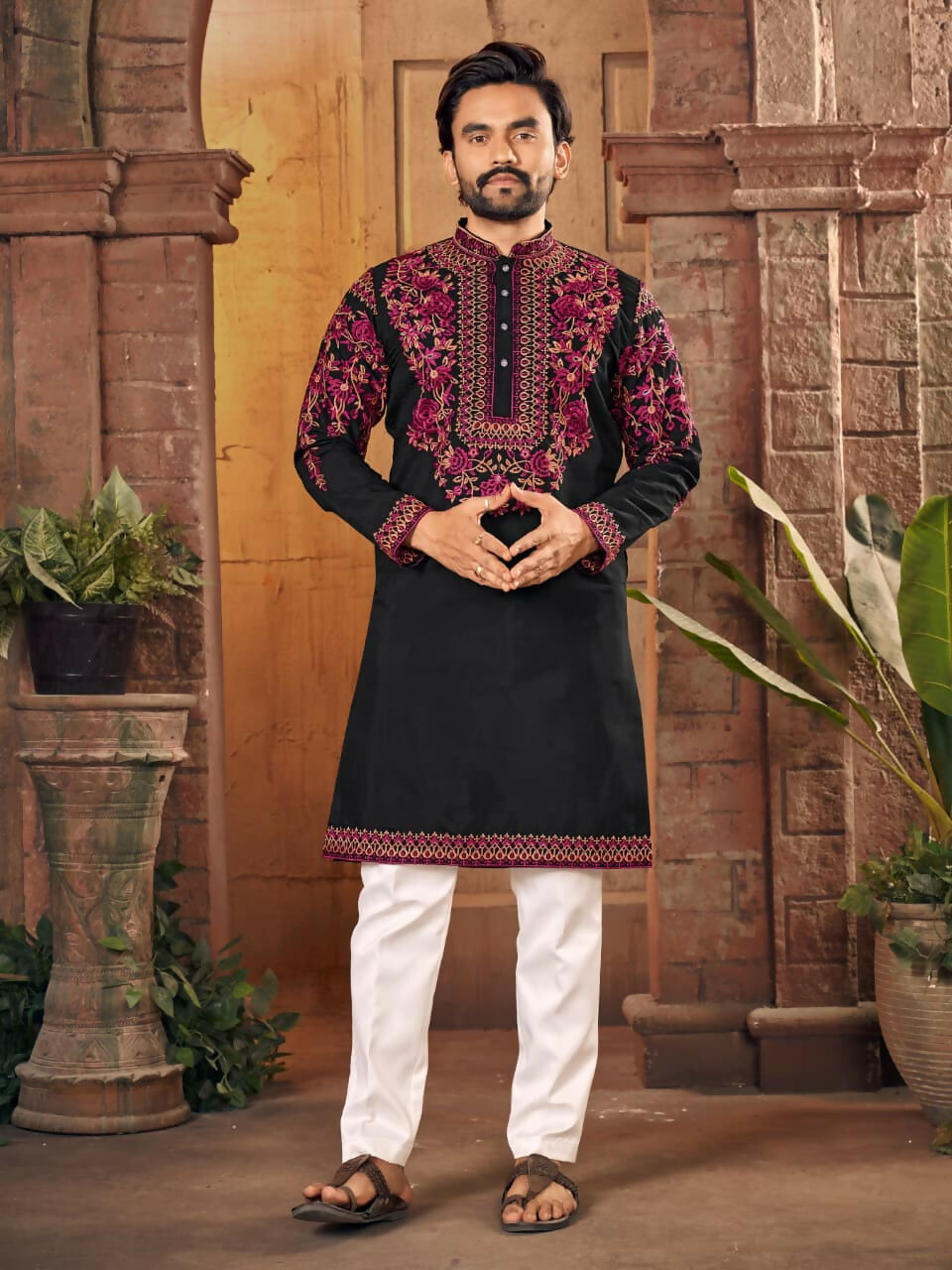 Anaita Black Multi Thread Work Silk Straight Kurta | Grocsy