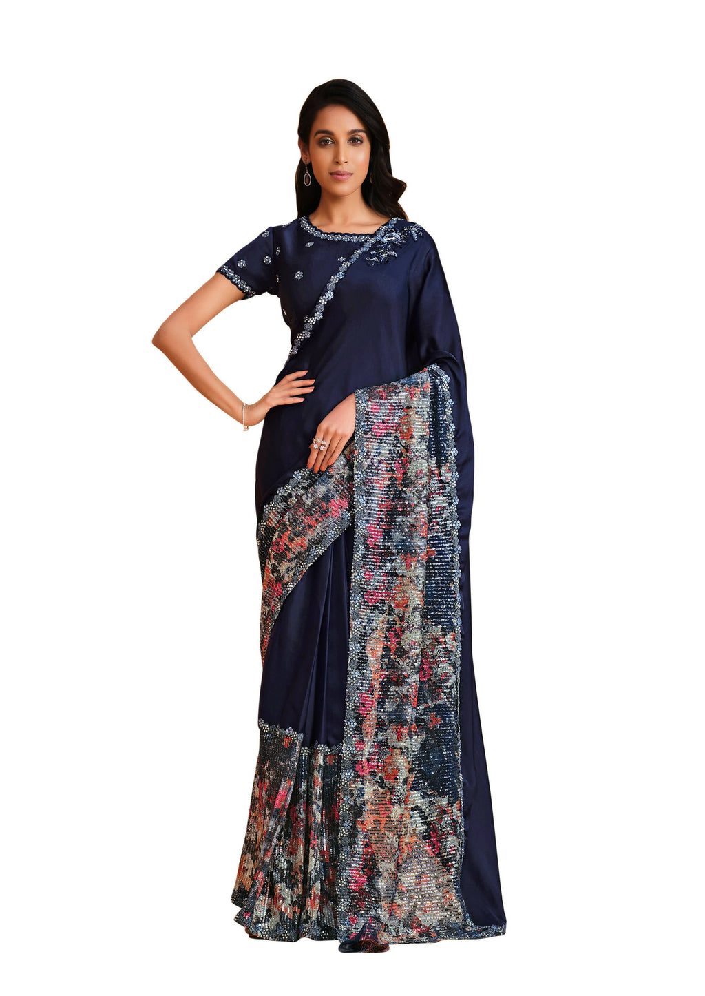 Blue Satin Crepe Silk Sequence Embroidered Saree With Unstitched Blouse - Mohmanthan Yavanika | Grocsy