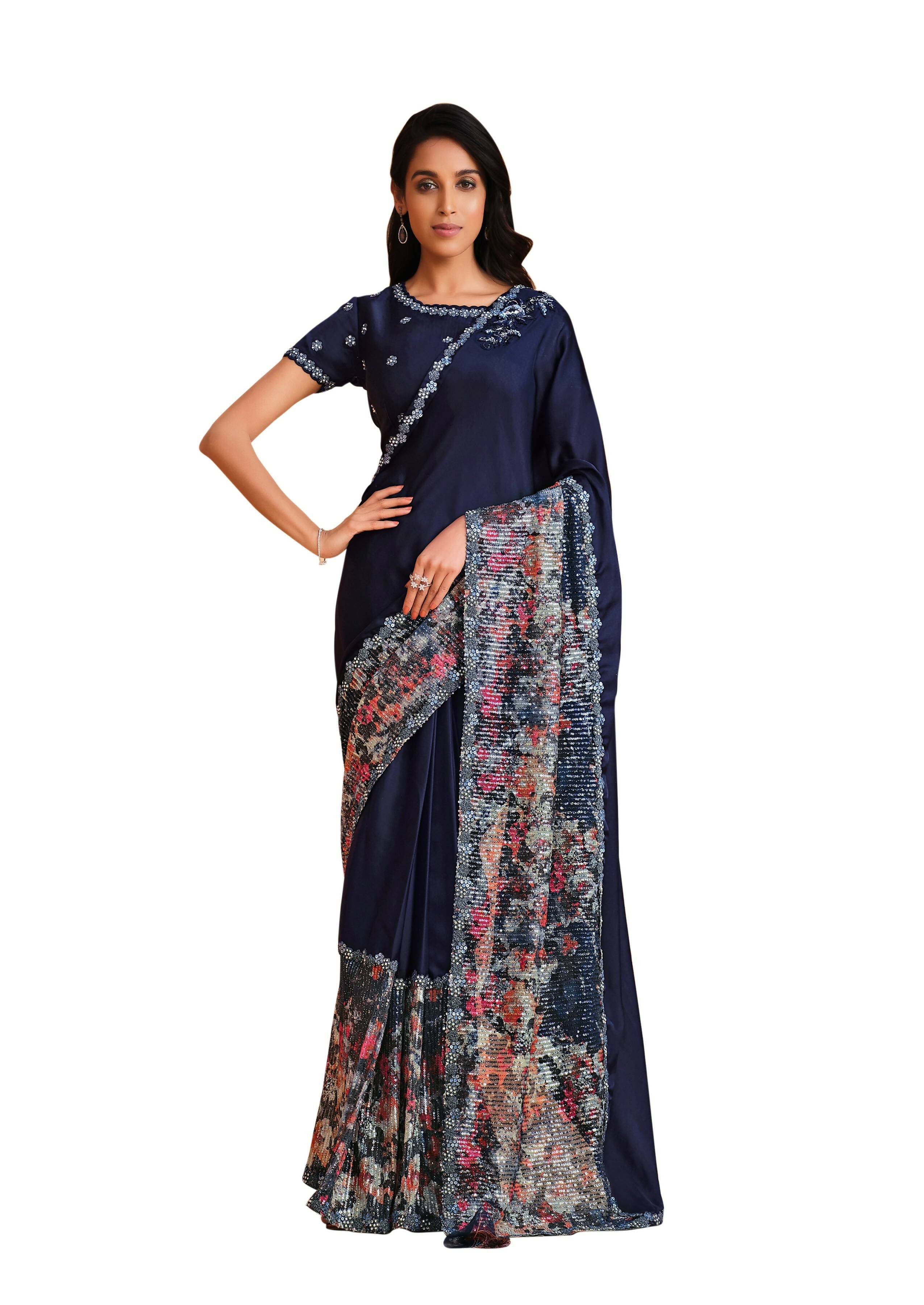 Blue Satin Crepe Silk Sequence Embroidered Saree With Unstitched Blouse - Mohmanthan Yavanika | Grocsy