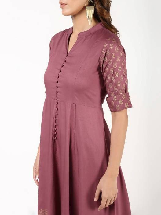 Aniyah Rayon Block Print Flared Anarkali Kurta Dusty Pink (AN-157K) | Grocsy