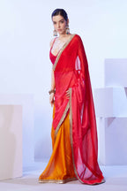 Red Satin Moss Solid Designer & Lace Work Saree - Samaa | Grocsy