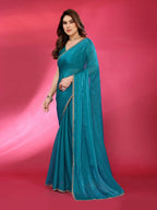 PR Fashion Firozi Jimmy Choo Fabric Palin With Work Lace Saree | Grocsy