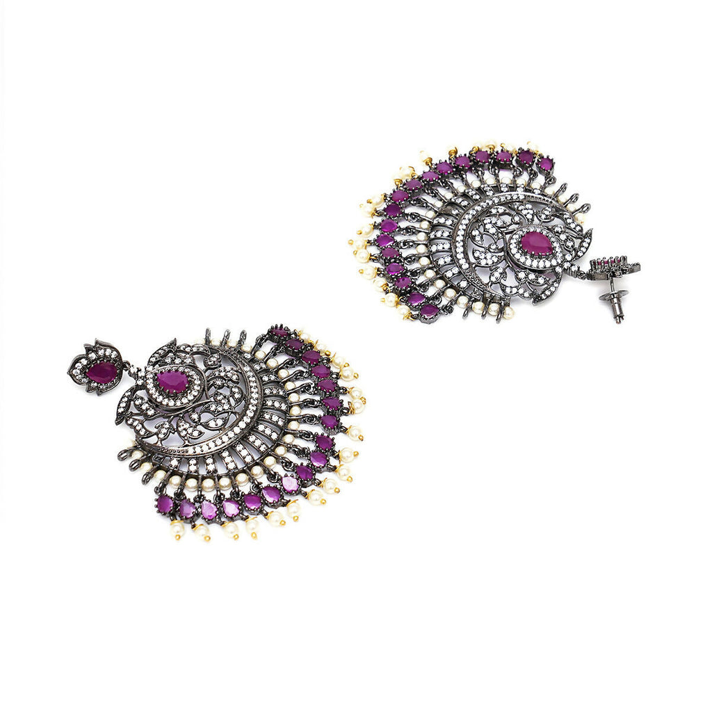 Diamond & Maroon Stone Earrings with Matching Maang Tikka- Ruby Raang | Grocsy