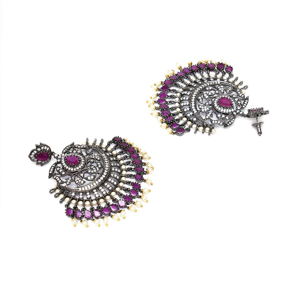 Diamond & Maroon Stone Earrings with Matching Maang Tikka- Ruby Raang | Grocsy