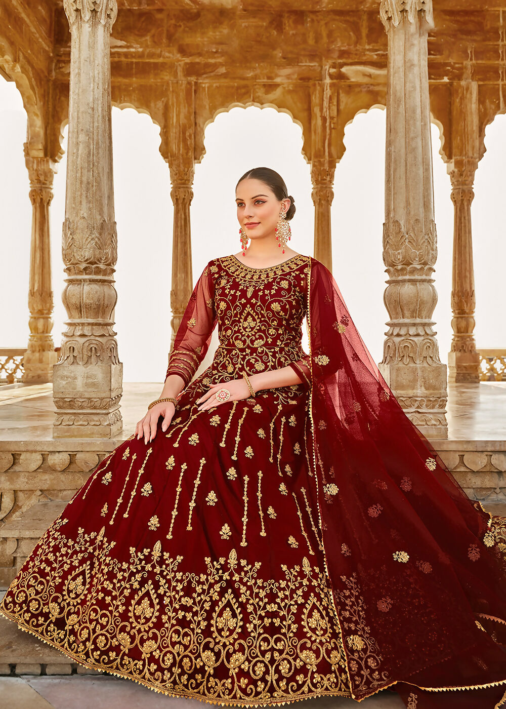Heavy Stone Embroidered Maroon Designer Anarkali Suit - Emponline | Grocsy