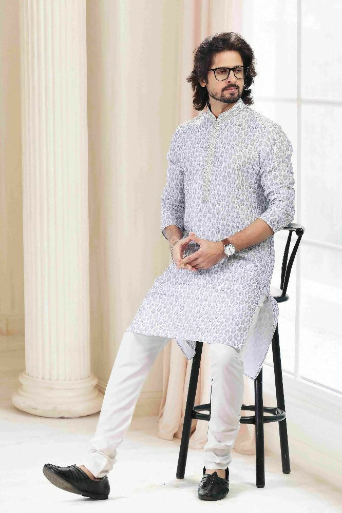 Raivat Ethnic Cotton Thread Work Kurta Pajama In Grey Colour | Grocsy