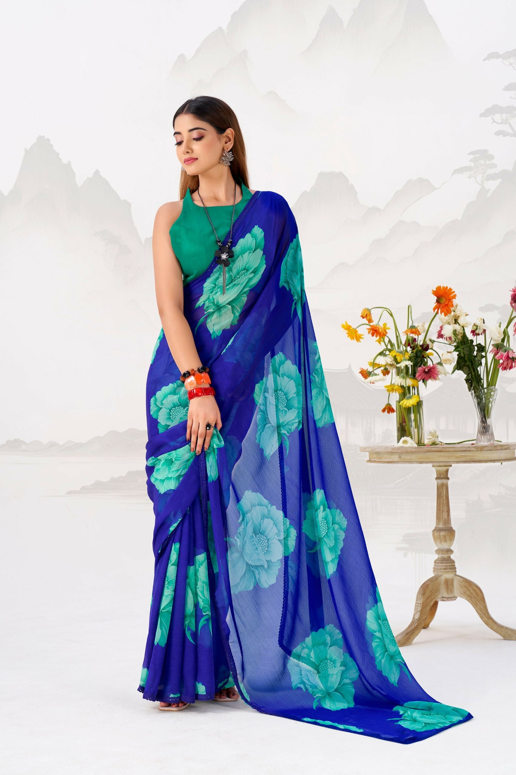 Vastranavya Royal Blue Floral Print with Lace Border work Chiffon Saree & Unstitched Blouse | Grocsy