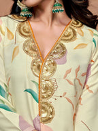 Sangria Off White Floral Printed V-Neck Three-Quarter Sleeves A-Line Kurta & Trouser | Grocsy