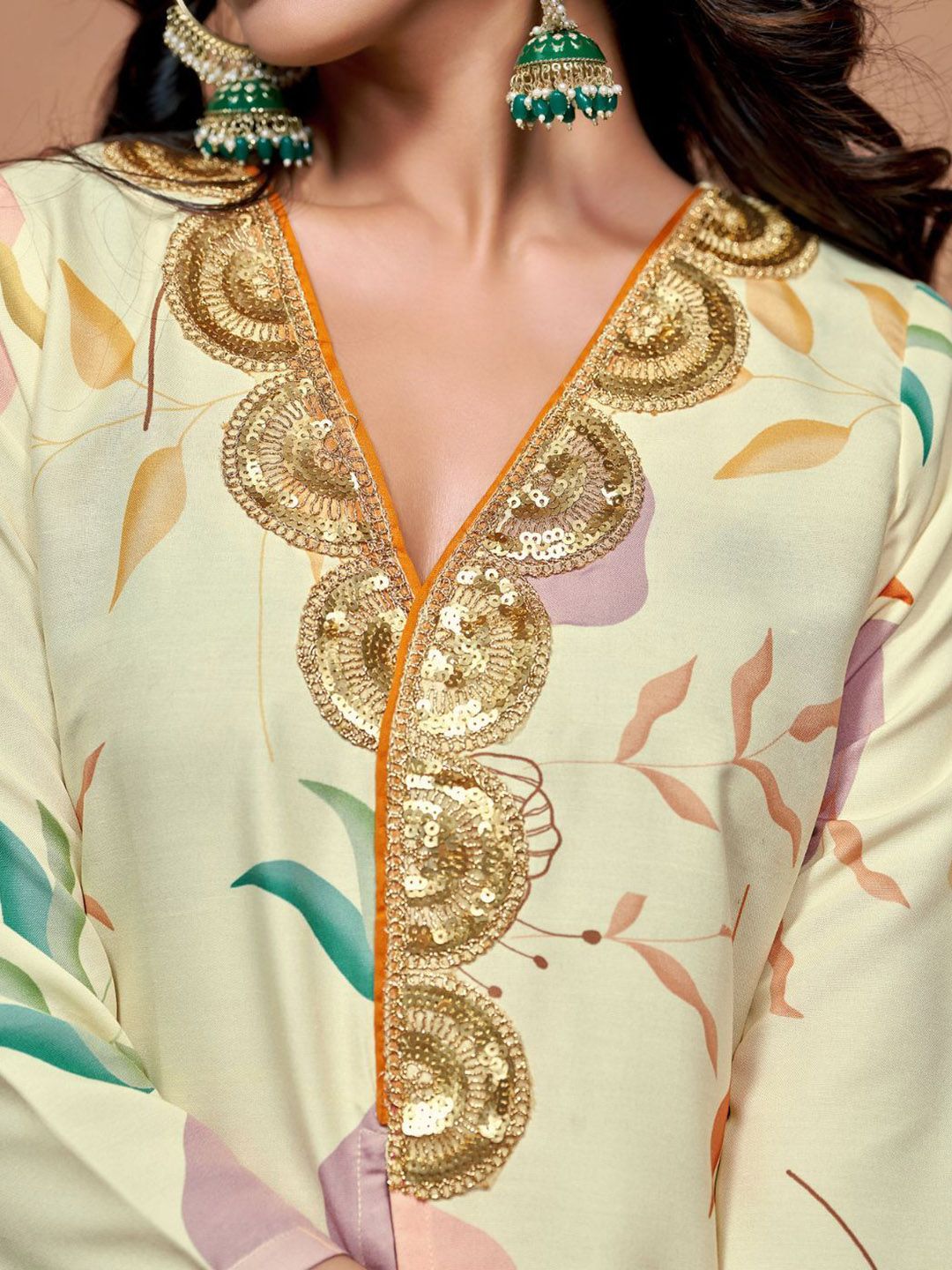 Sangria Off White Floral Printed V-Neck Three-Quarter Sleeves A-Line Kurta & Trouser | Grocsy