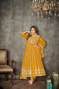 Jyoti Fashion Women's Yellow Net Embroidered Anarkali Kurta Pant Set With Dupatta | Grocsy