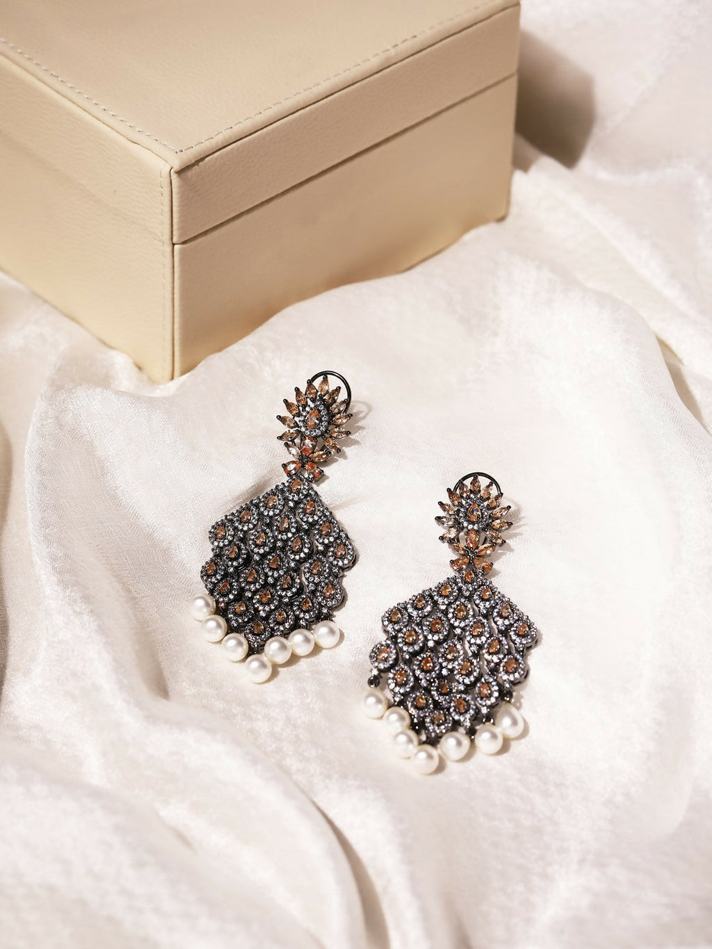 Champaign & Pearl Drop Earrings- Ruby Raang | Grocsy