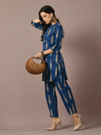 Myshka Women's Blue Printed Cotton Round Neck Party Tunic With Trousers Co-ord set | Grocsy