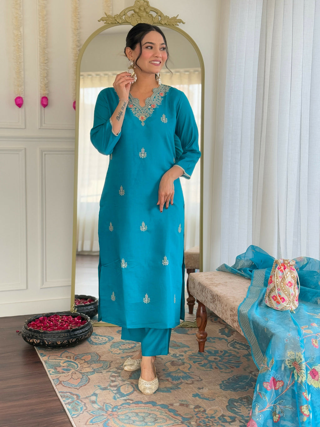 The52 Blue Women's Gorgeous Viscose Fabric Embroidered Work Straight Kurta, Pant and Dupatta Set | Grocsy