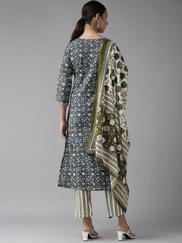 Yufta Blue & Green Printed Embroidered Kurta with Trouser and Dupatta Set | Grocsy