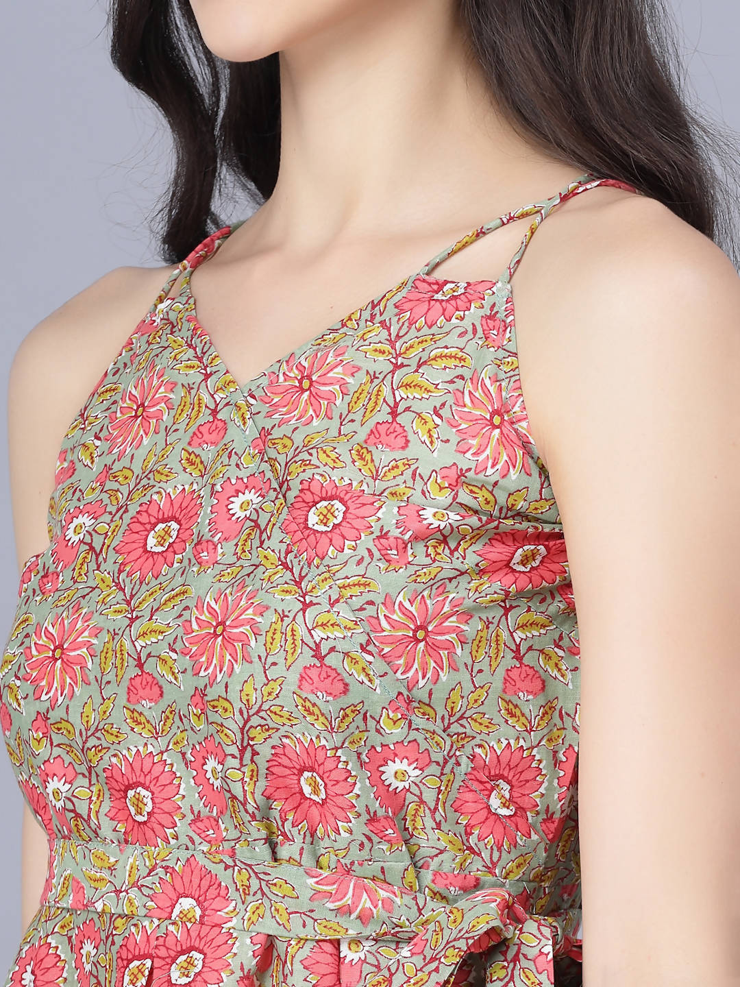 Myshka Cotton Printed Sleeveless Shoulder Straps Multicolor Women Dress | Grocsy